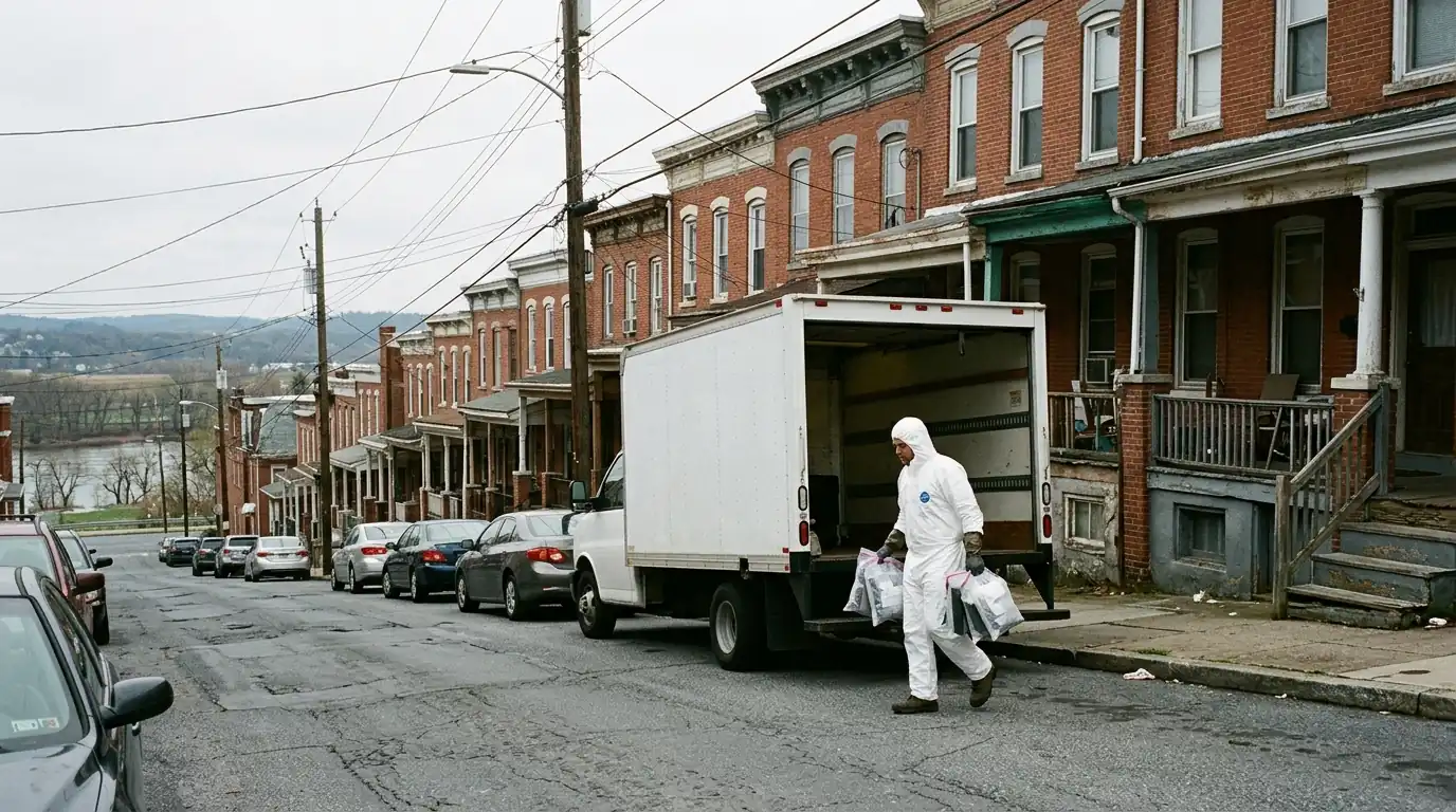 Technician carrying sealed bags past older brick homes in Easton