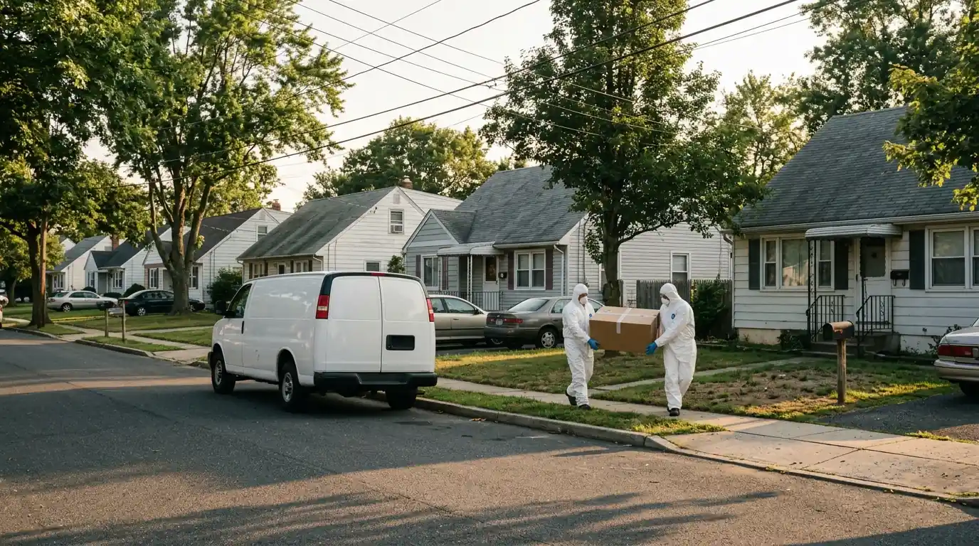 Technicians carrying a sealed waste box past post-war homes in Levittown
