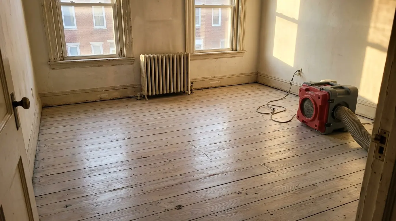 Cleaned pine subfloor coated with white sealer in an empty bedroom