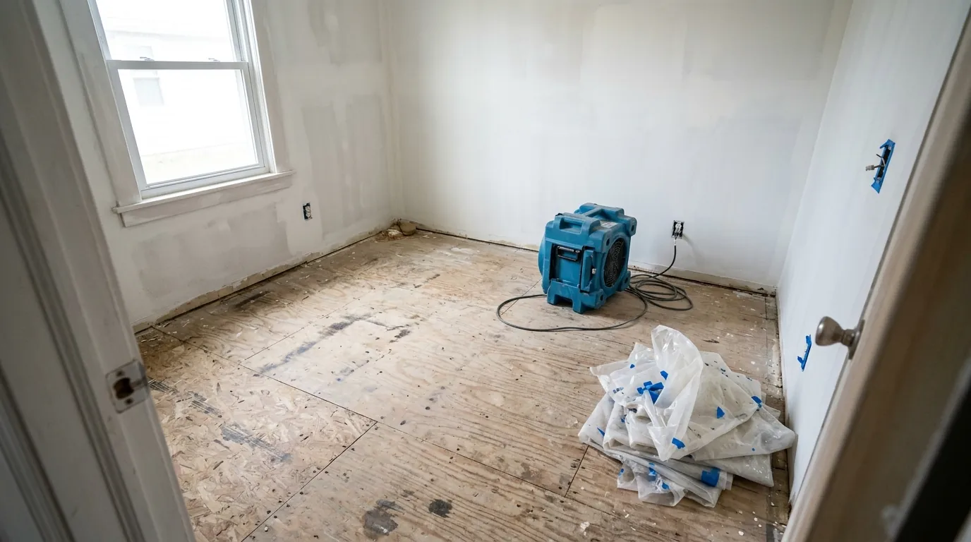 Cleaned rental bedroom with bare subfloor and air scrubber ready for repairs