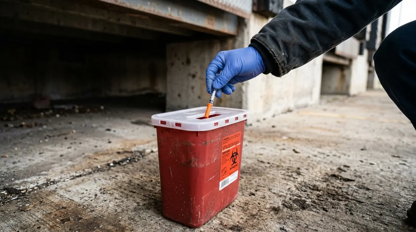 Gloved technician dropping a syringe into a red sharps container