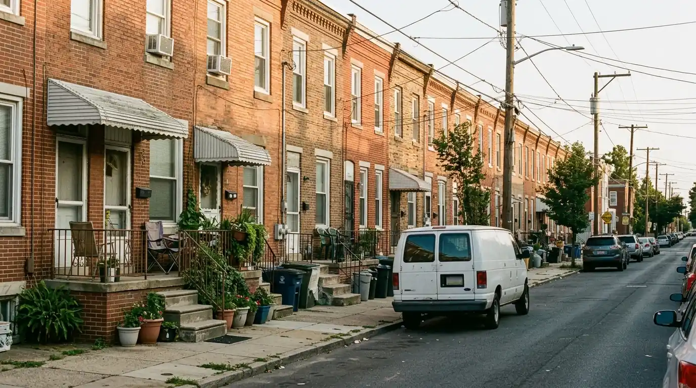 Porch-front brick rowhomes on a quiet South Philadelphia block