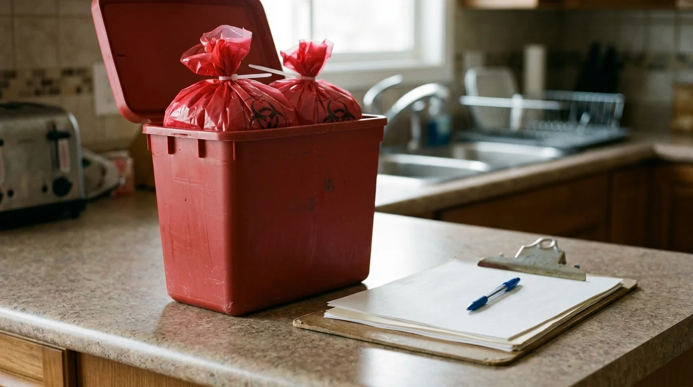 Sealed red biohazard bags in a rigid container beside a clipboard