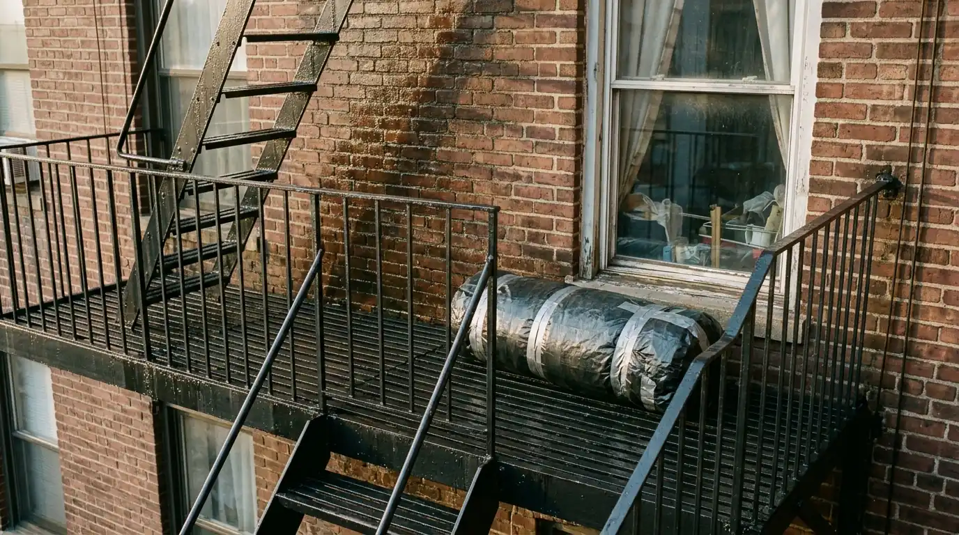 Freshly cleaned steel fire escape landing on a brick building