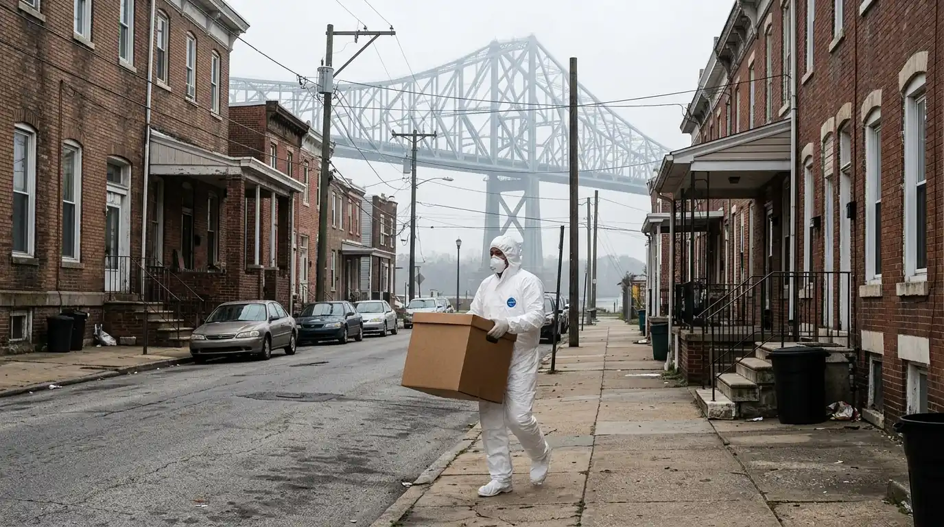 Technician carrying a waste box on a Chester rowhome street near the bridge