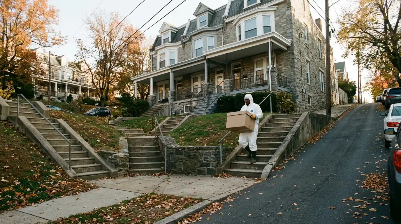 Technician carrying a sealed waste box down steps of a Roxborough stone twin