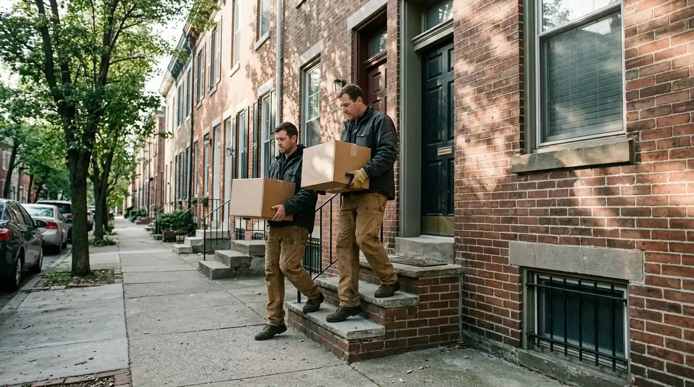 Crew carrying labeled boxes down rowhome front steps