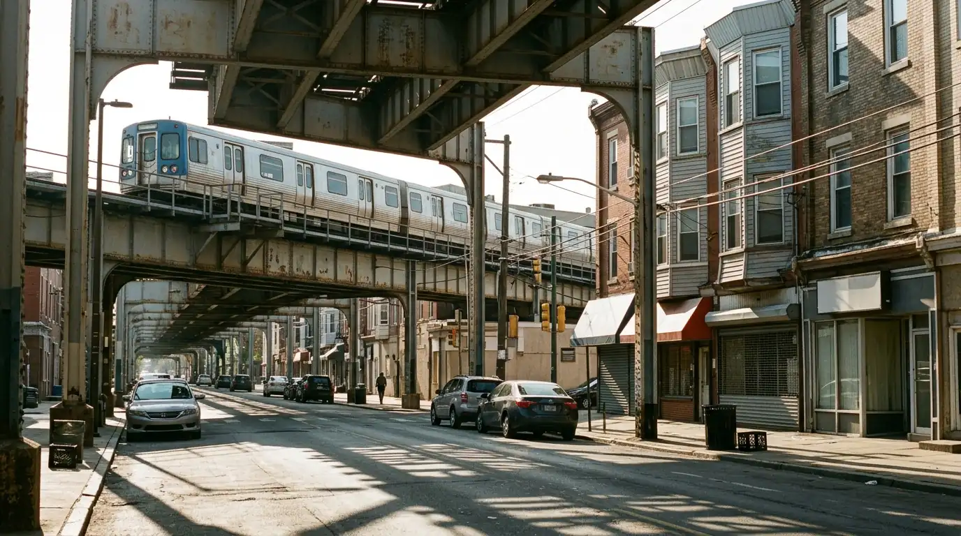Elevated train over a Philadelphia avenue in morning light