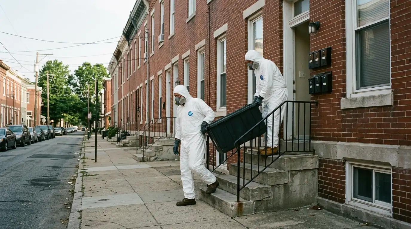Technicians carrying a sealed waste box out of a Philadelphia apartment building