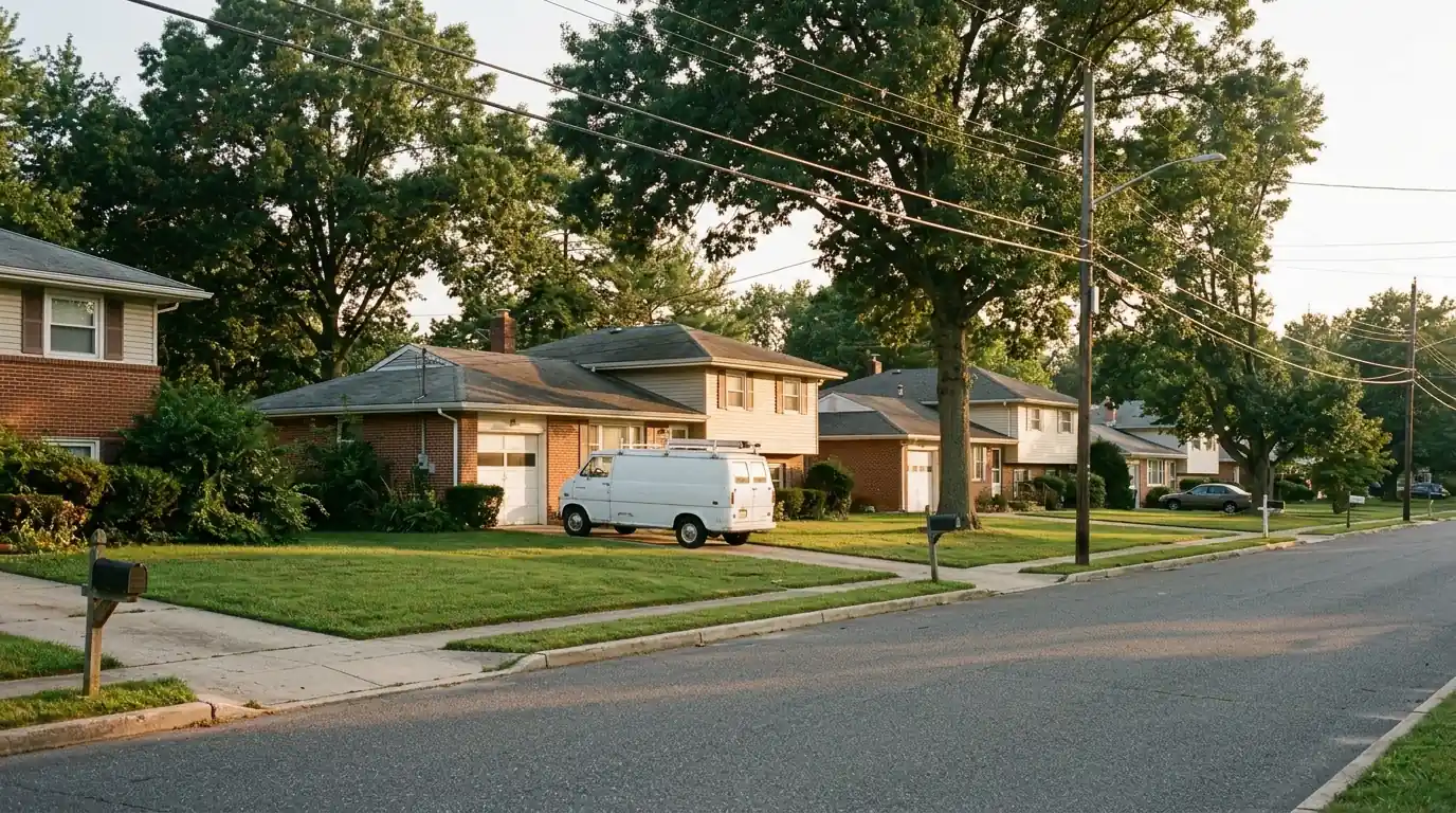 Split-level homes with oaks and lawns on a Cherry Hill street