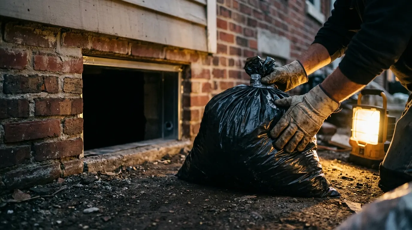 Sealed bag set beside a cleaned crawlspace opening
