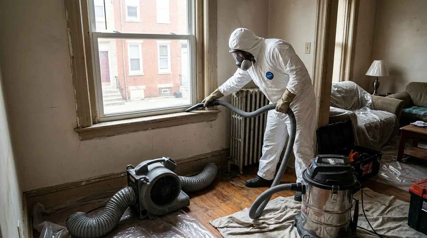 Technician HEPA vacuuming a windowsill inside a rowhome living room
