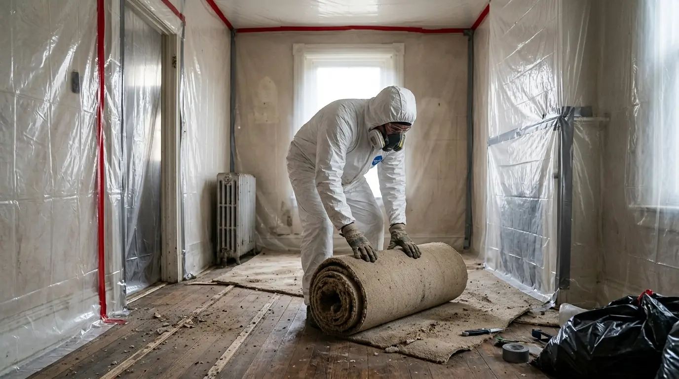 Technician removing a cut section of carpet inside a sealed rowhome room