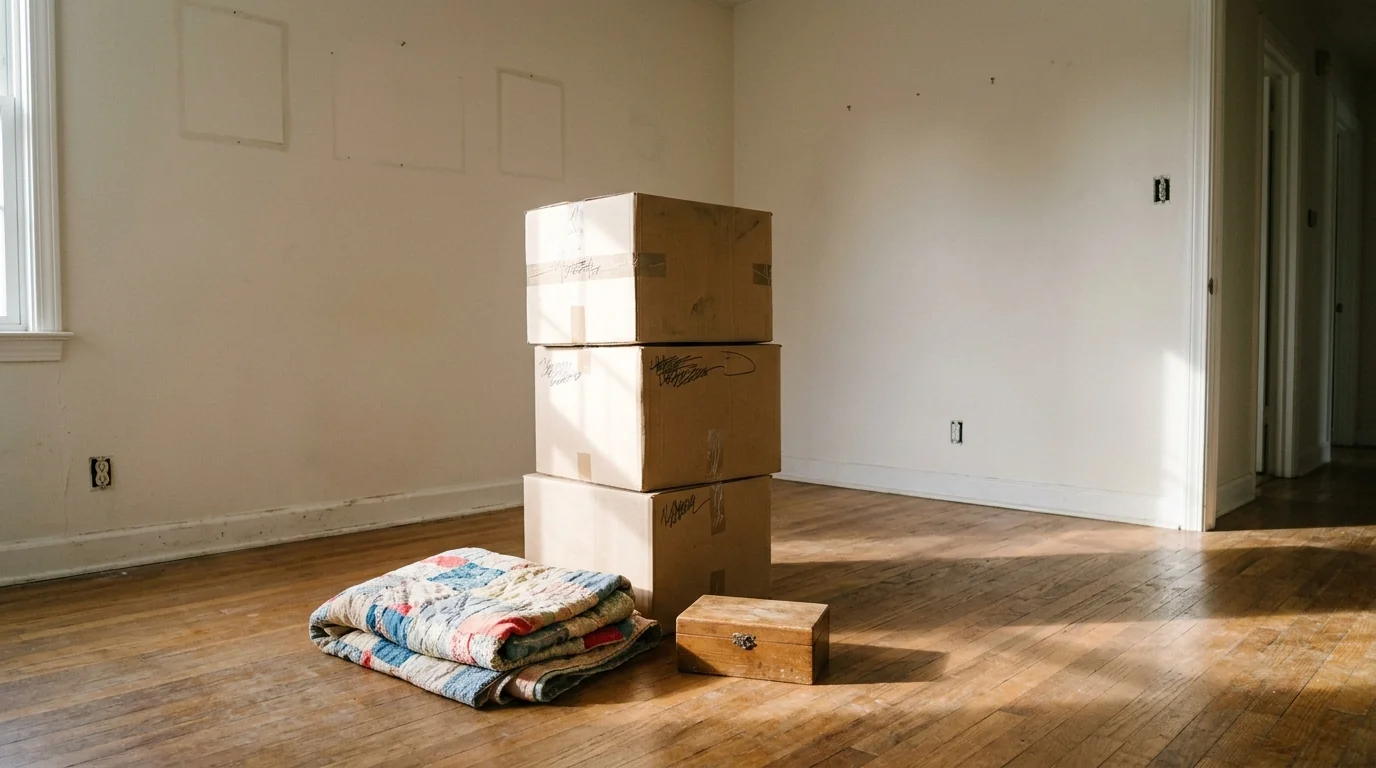Keepsake boxes and folded quilt set aside in an emptied bedroom