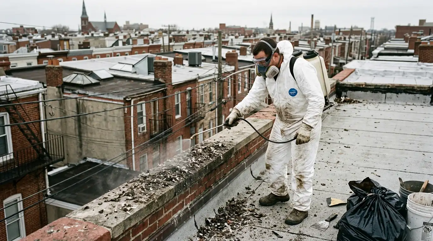 Technician misting droppings on a rowhome roof ledge