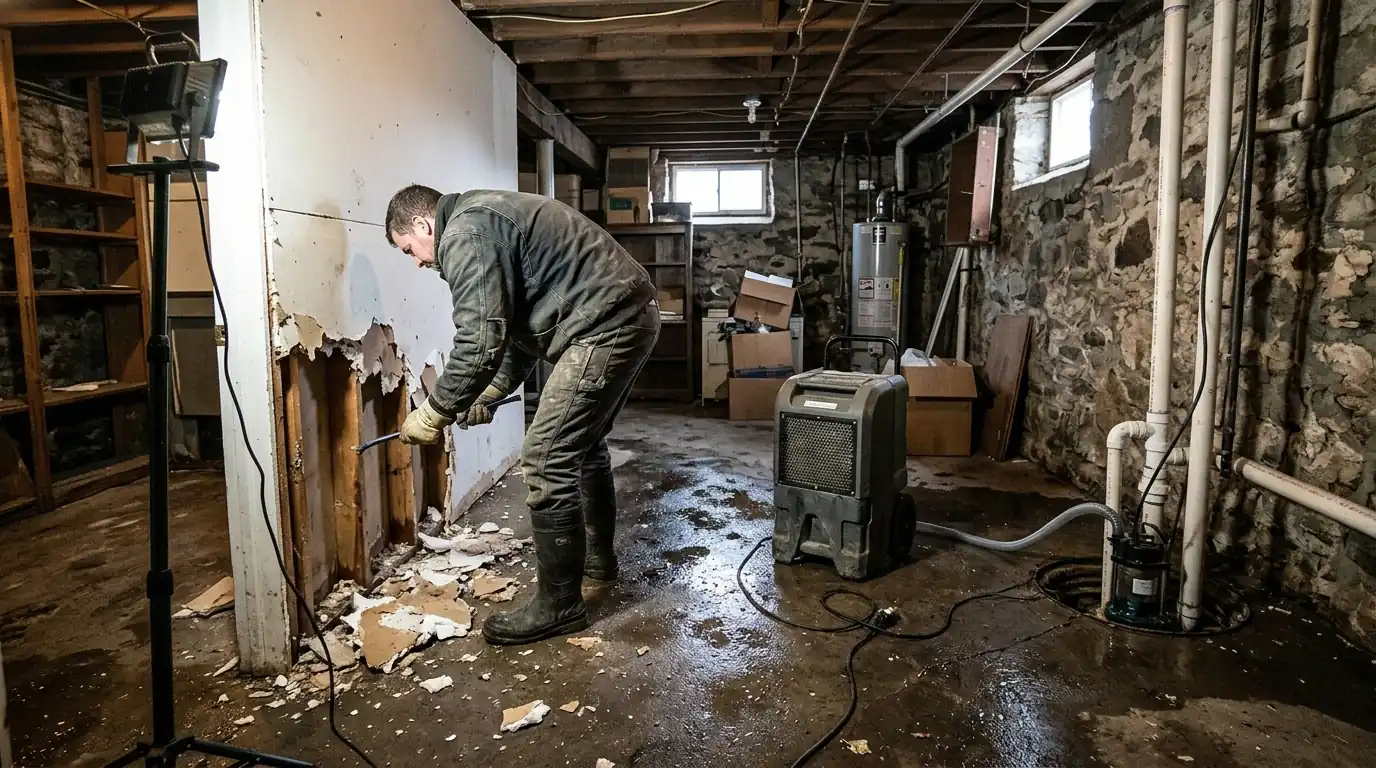 Technician removing drywall in a wet rowhome basement