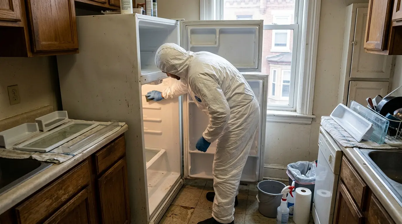Technician cleaning the inside of an empty refrigerator in a kitchen