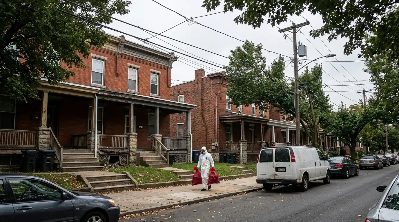 Technician carrying sealed red bags past Logan brick twin homes with porches