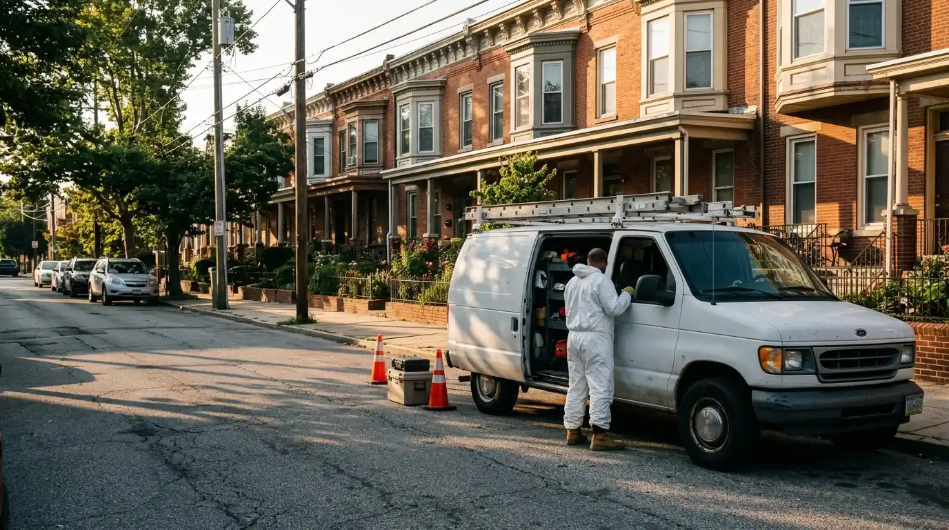 Technician beside a van on a Trolley Square rowhome street in Wilmington
