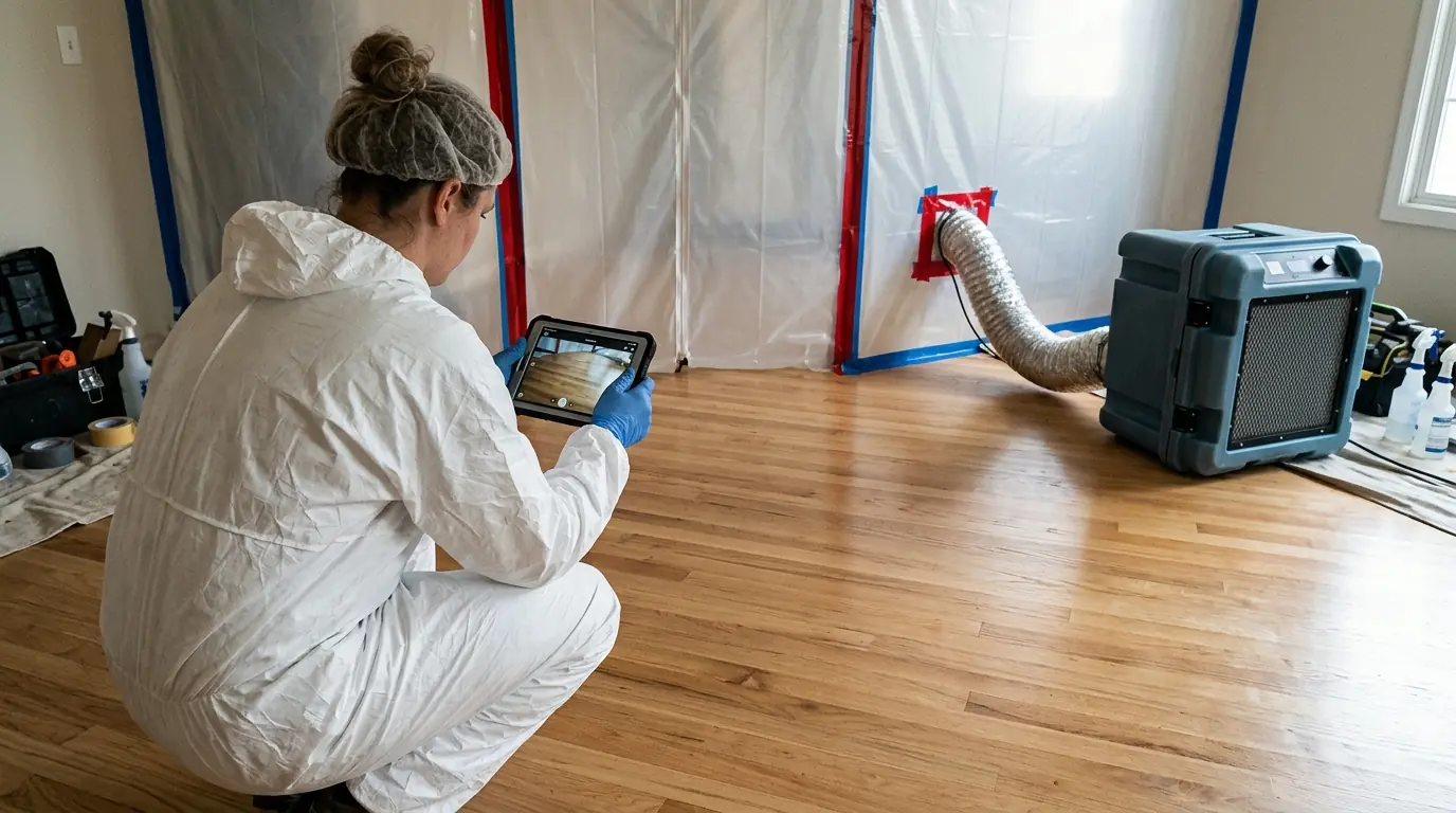 Technician photographing a cleaned floor to document the work