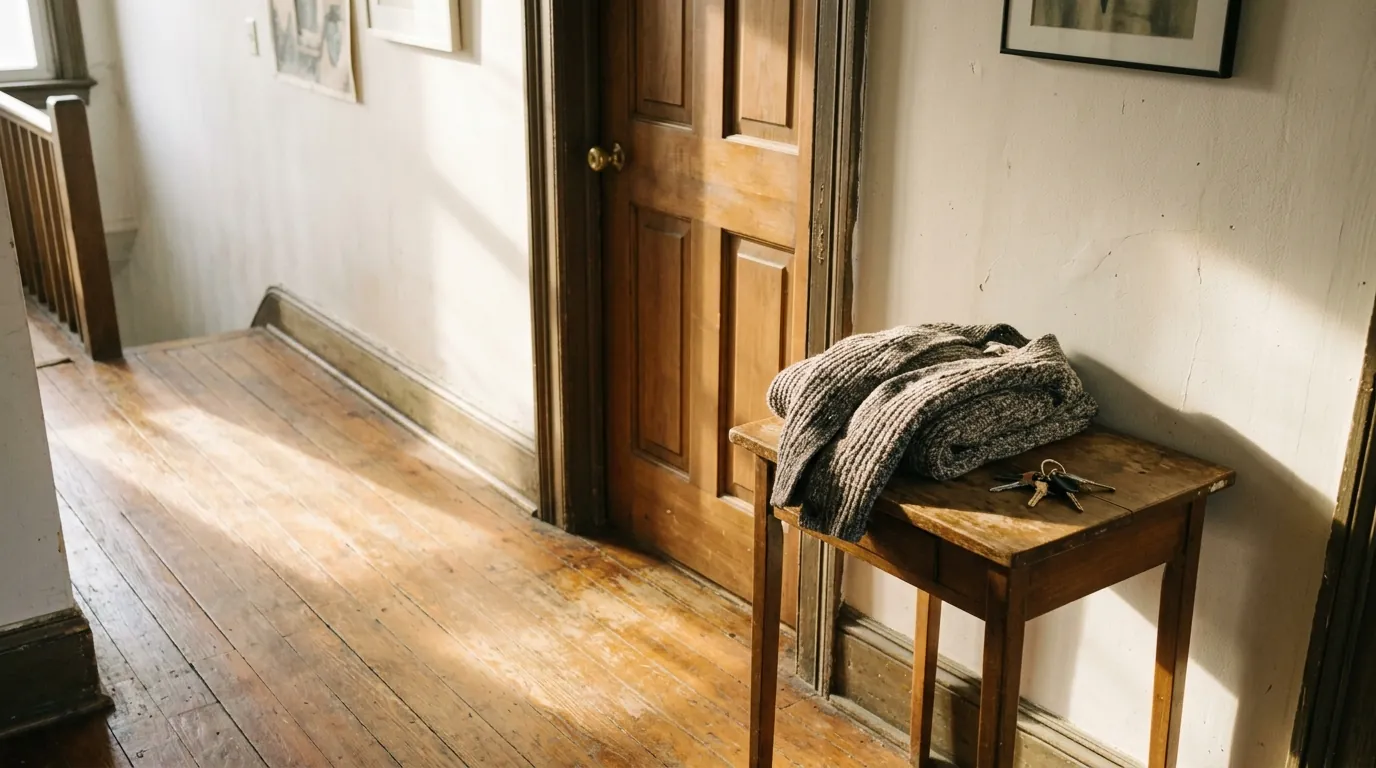 Quiet rowhome hallway with a closed bedroom door in afternoon light