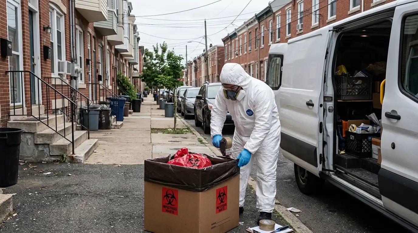 Technician sealing a waste box of red bags beside a van