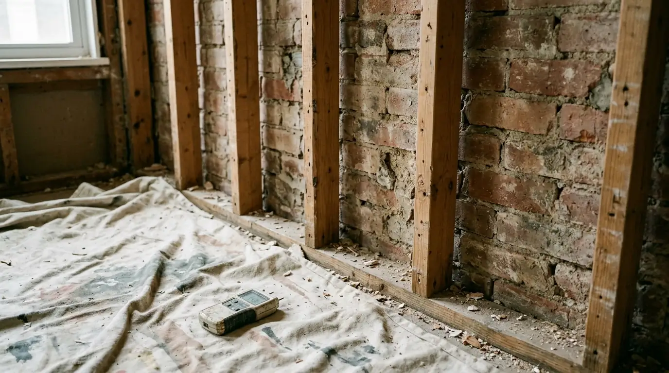 Cleaned wall studs and brick party wall with drying equipment
