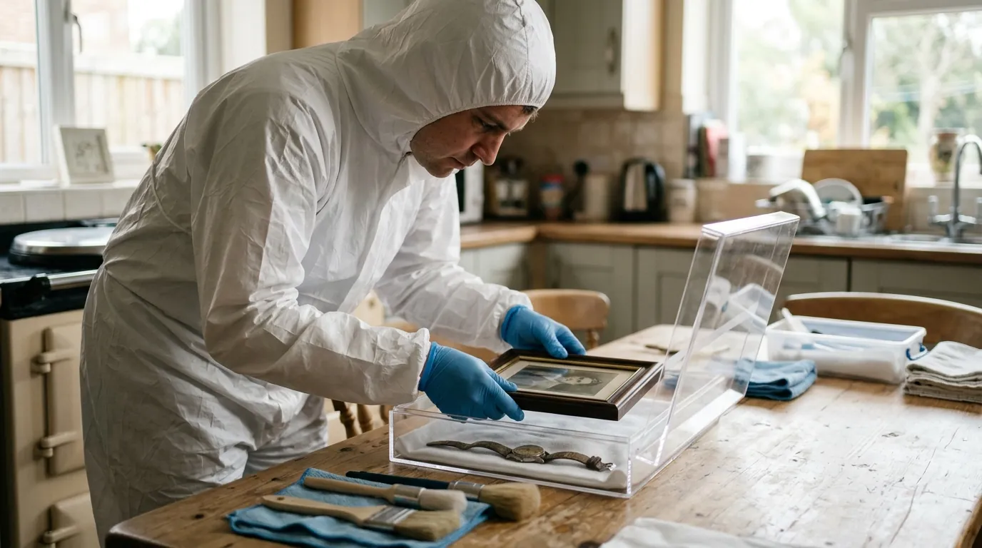 Technician packing cleaned keepsakes into a clear box for the family