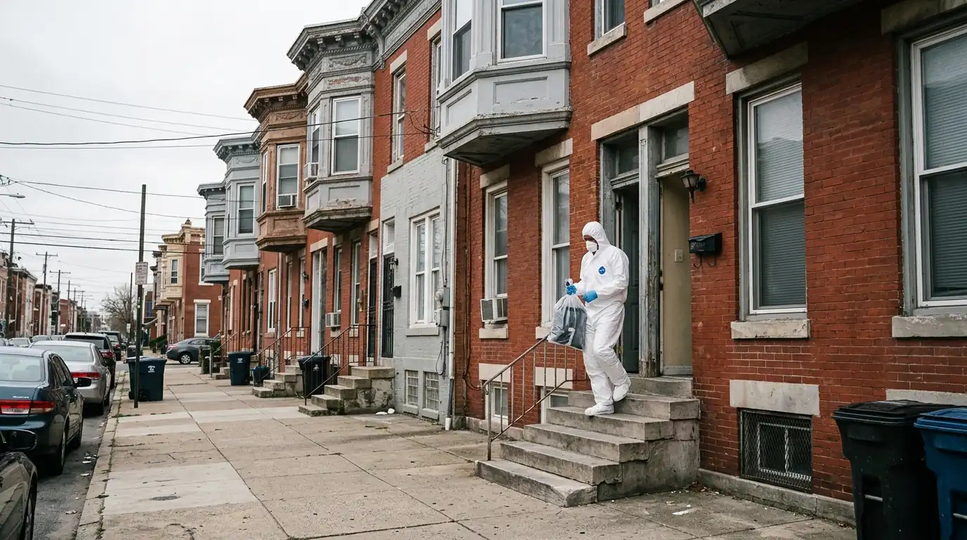Technician leaving a three-story brick rowhome in North Philadelphia