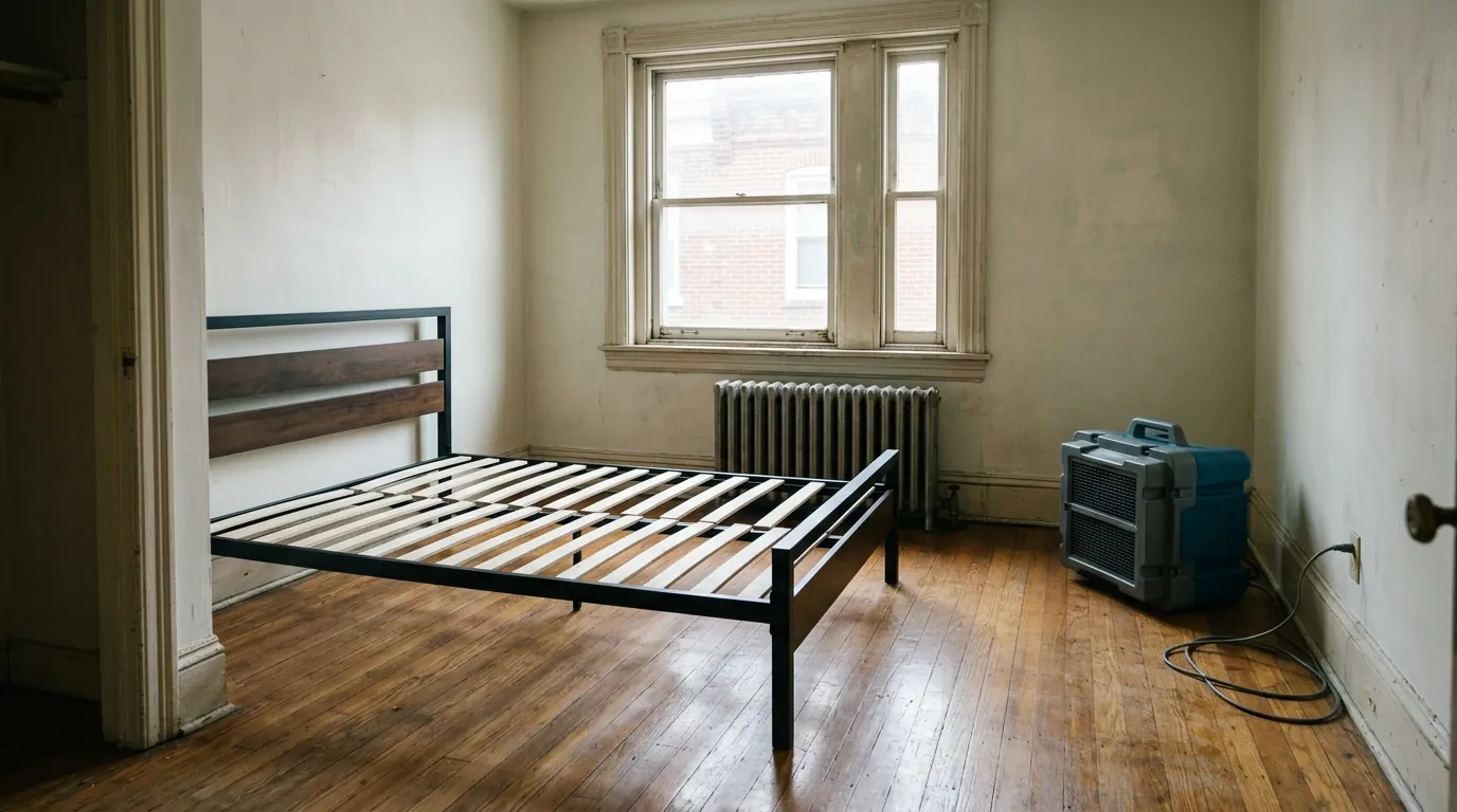 Cleaned rowhome bedroom with an air scrubber running in the corner