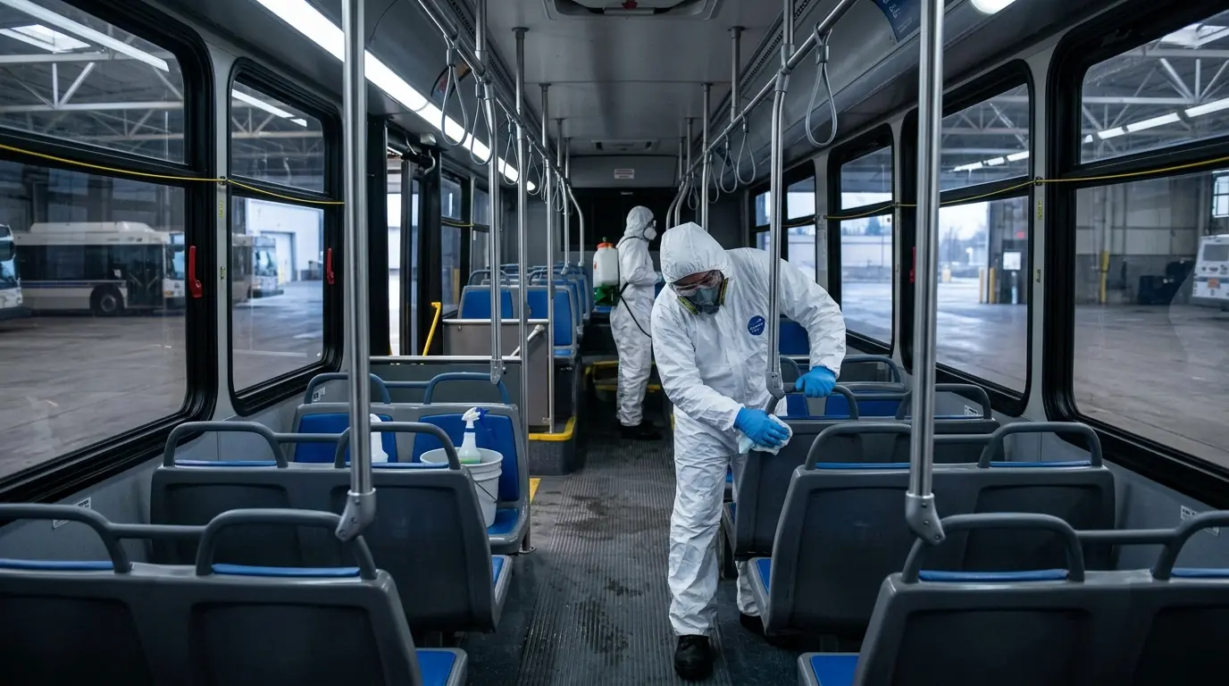 Technicians disinfecting seats and handrails inside an empty city bus