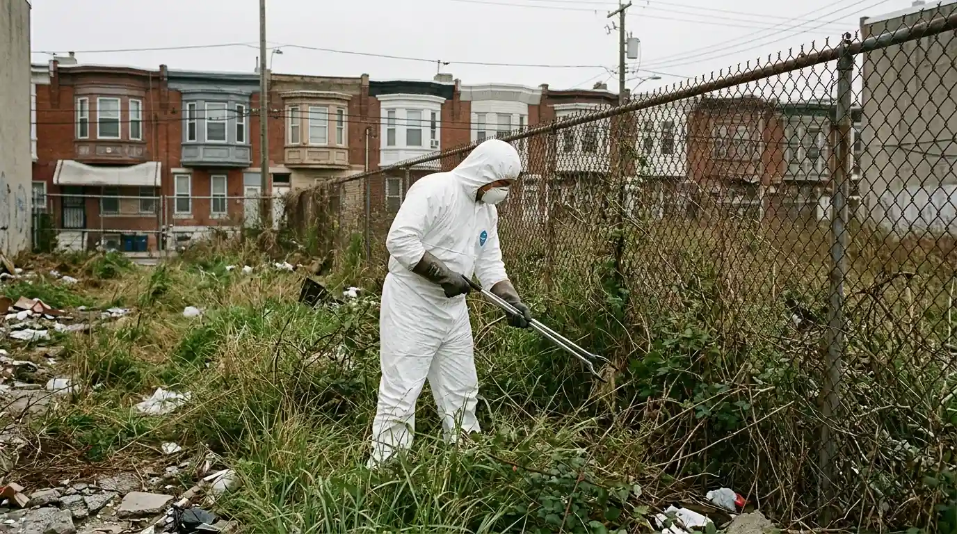 Technician searching tall grass along a fence line with long tongs