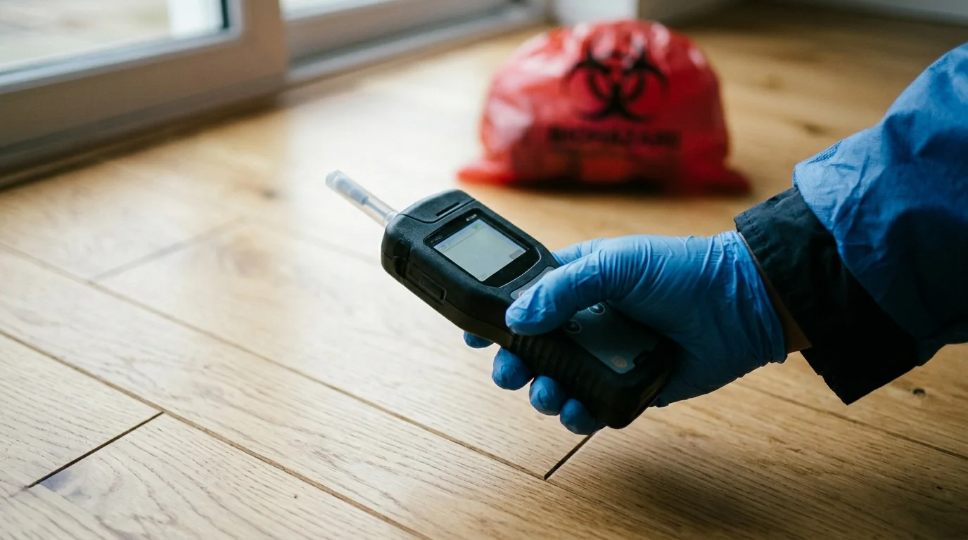 Gloved hand testing clean oak floorboards with an ATP swab and meter