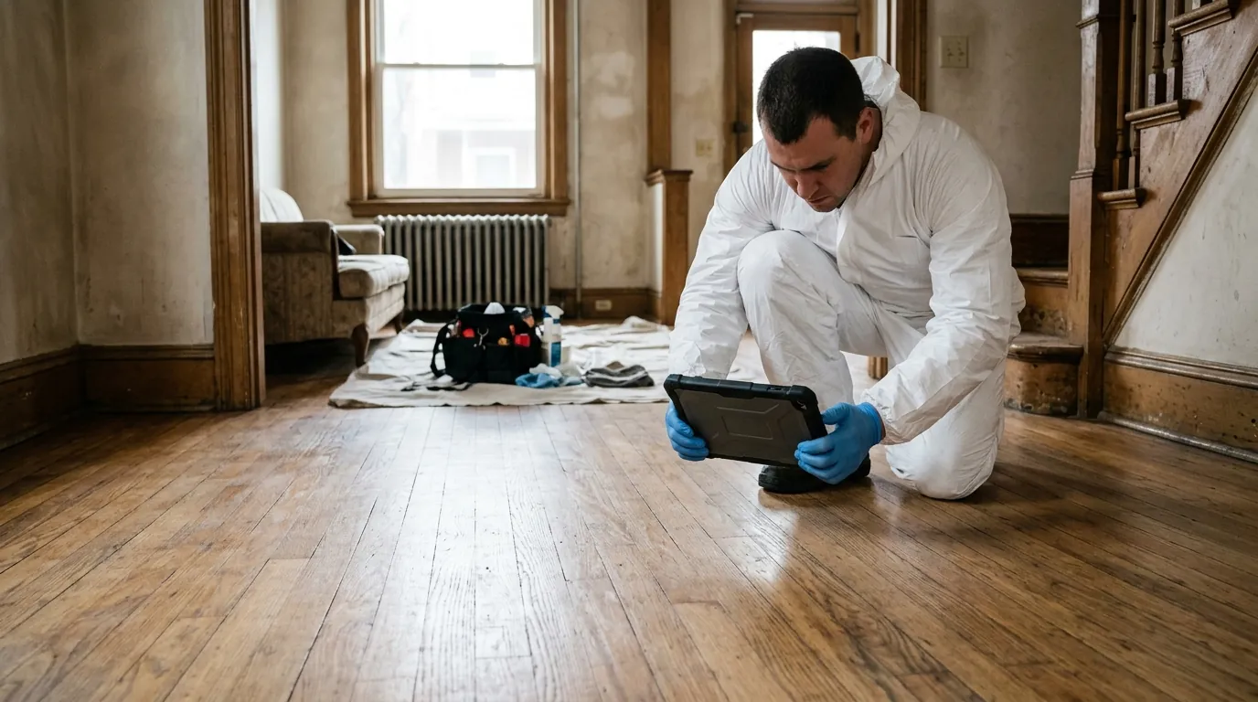 Technician photographing a cleaned living room floor for claim records