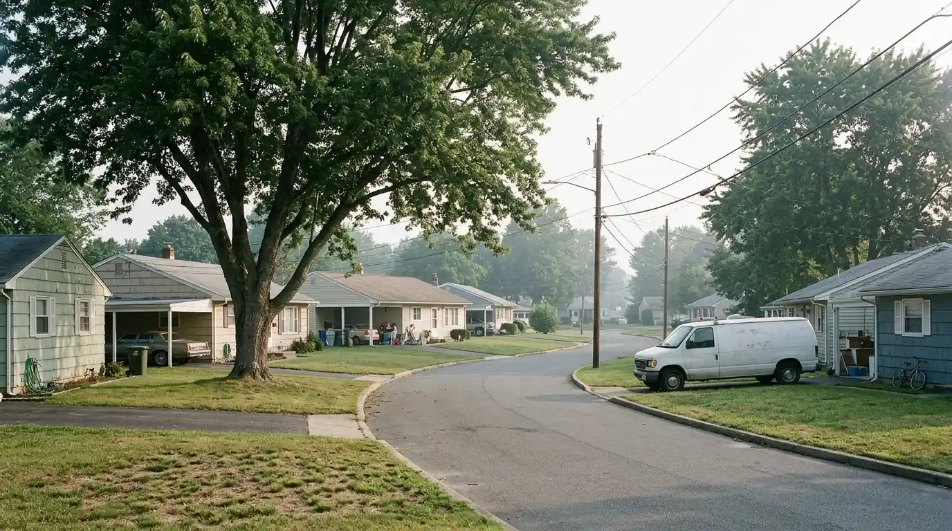 Curving Levittown street lined with 1950s single-story ranch homes