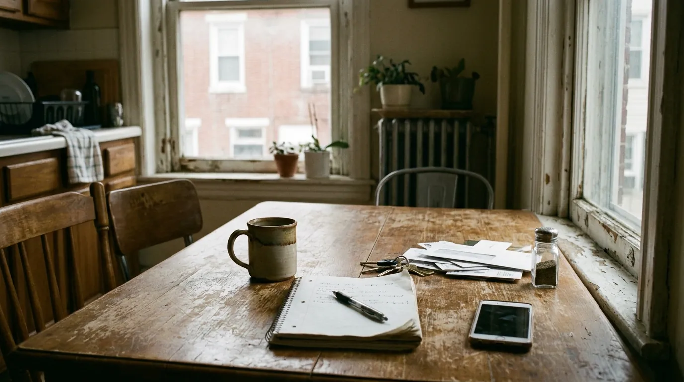 Kitchen table with notepad and phone in soft light