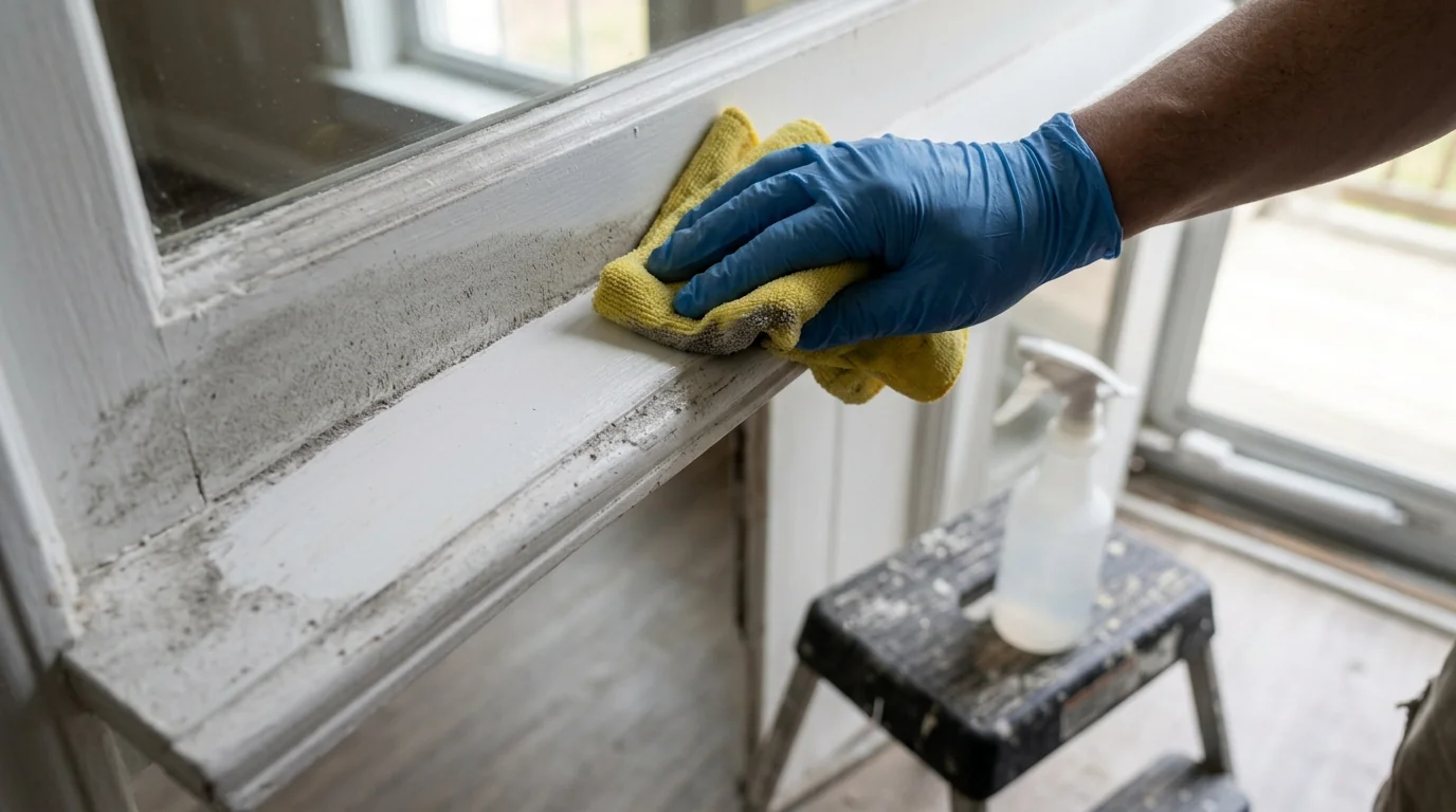 Gloved hand wiping fine gray powder from a white door frame