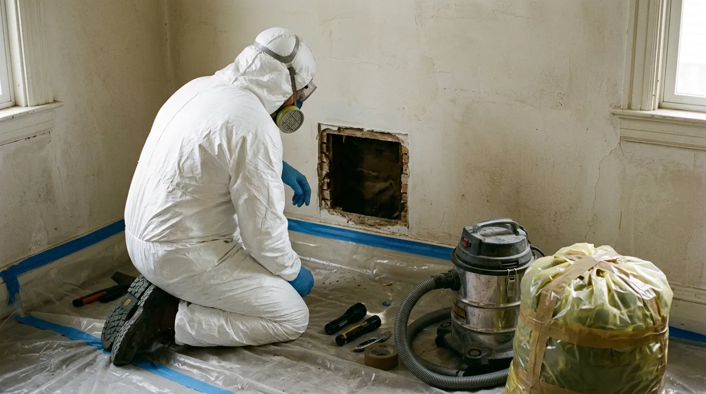 Technician working at a small opening in a plaster wall