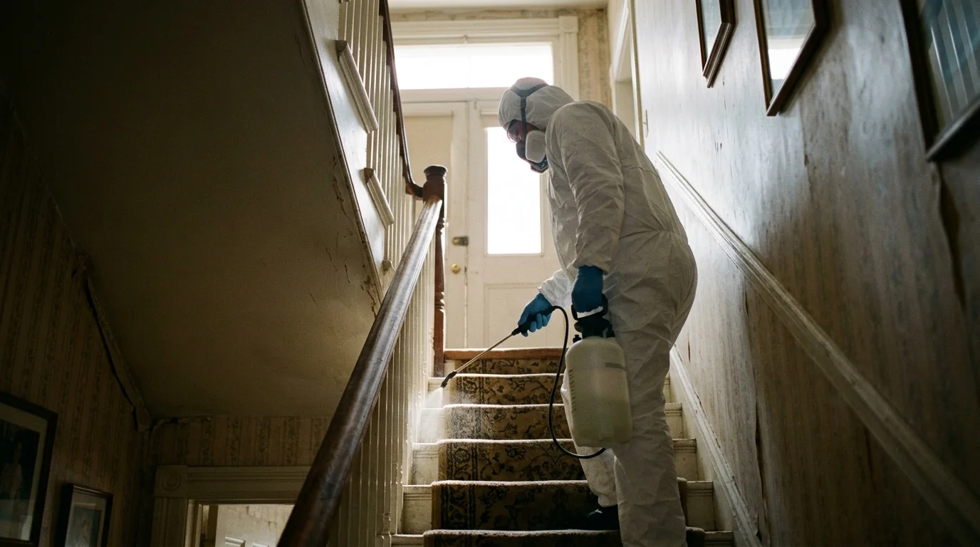 Technician disinfecting a steep carpeted rowhome staircase