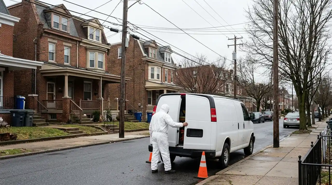 Technician in protective suit outside brick twin homes in Norristown