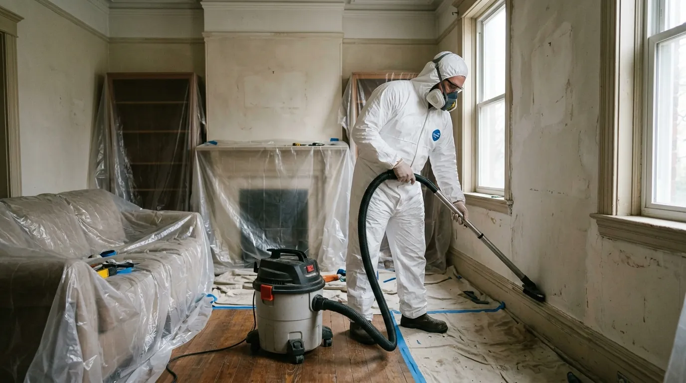 Technician HEPA vacuuming a plaster wall in a quiet living room
