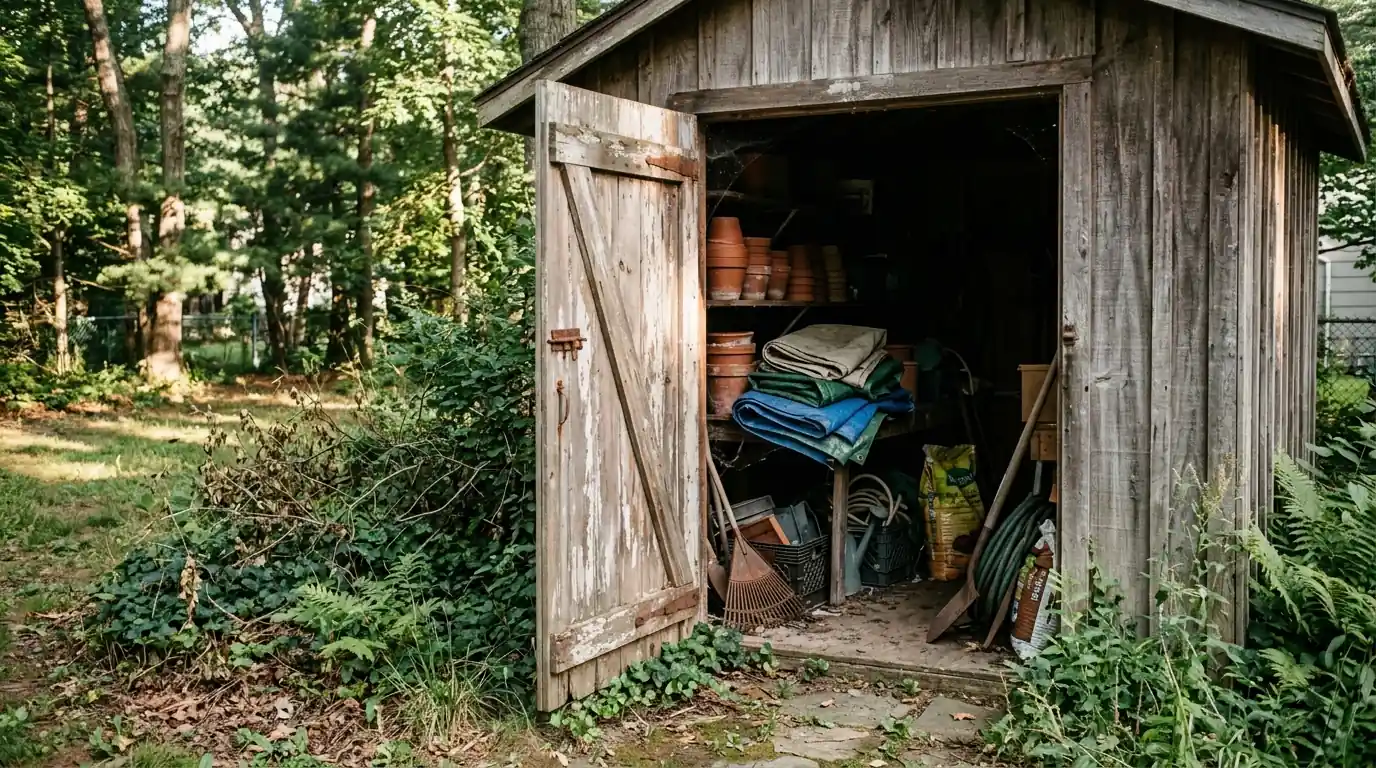 Open garden shed at the edge of a wooded backyard