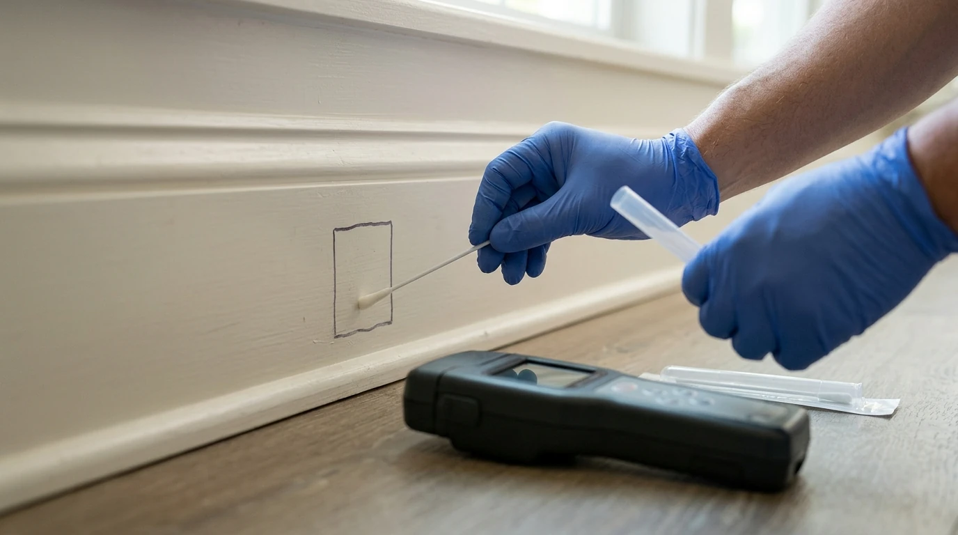 Gloved hands swabbing a marked spot on a baseboard