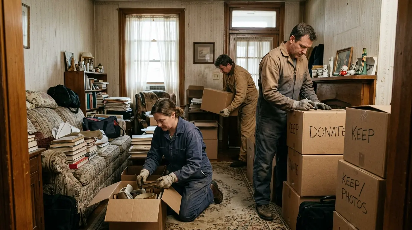 Crew sorting boxes in a crowded living room