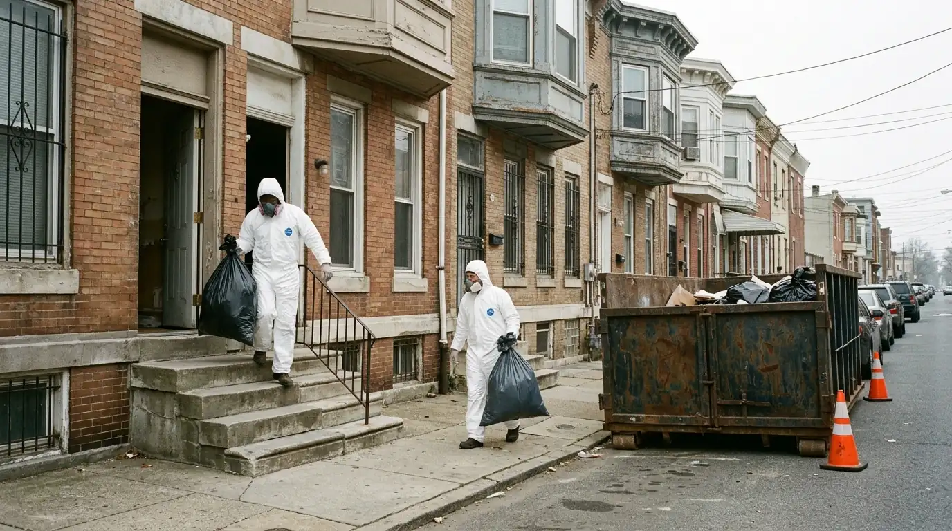Crew in protective suits carrying sealed bags from an emptied rental