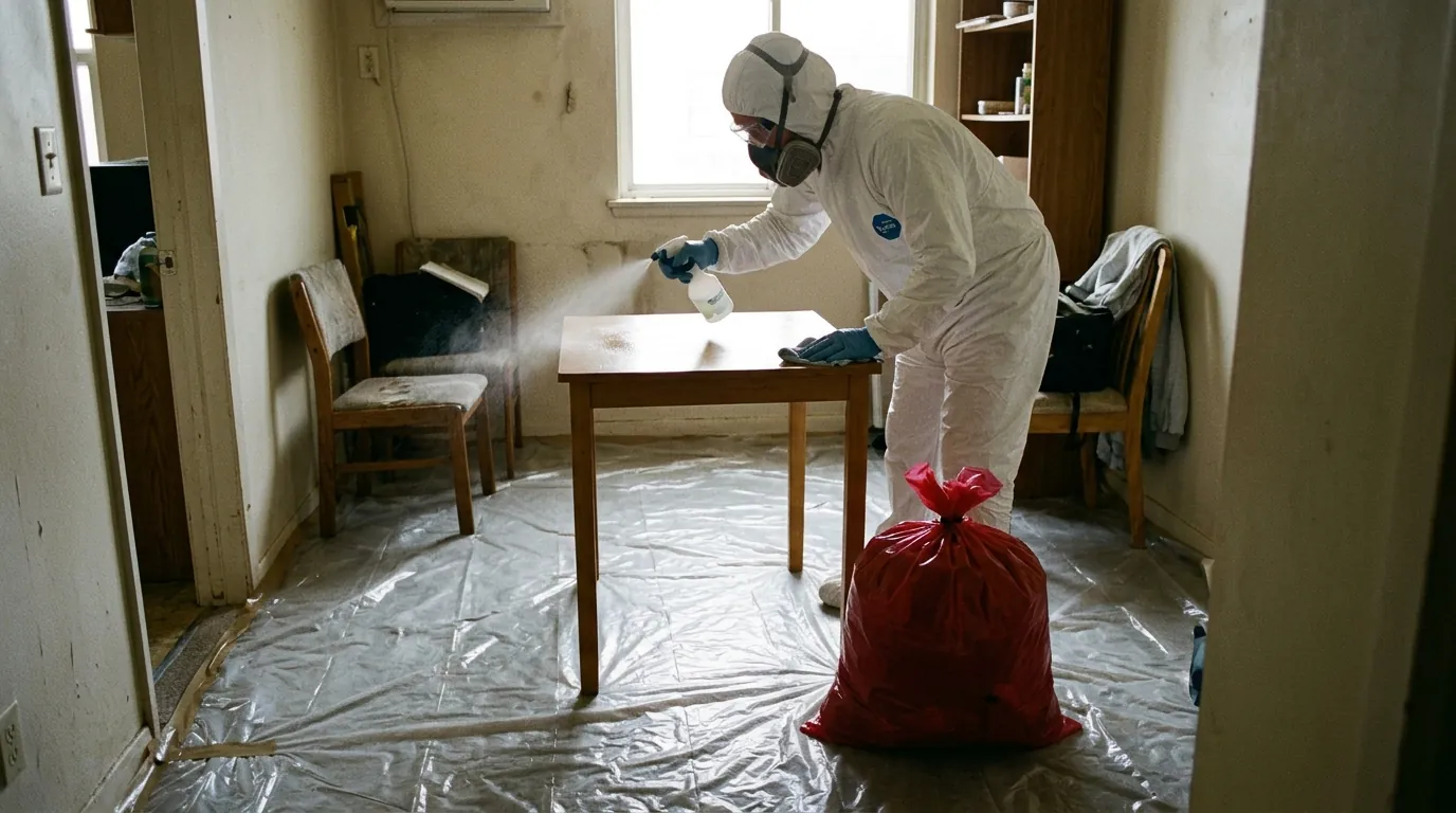 Technician in a respirator misting and wiping a small table