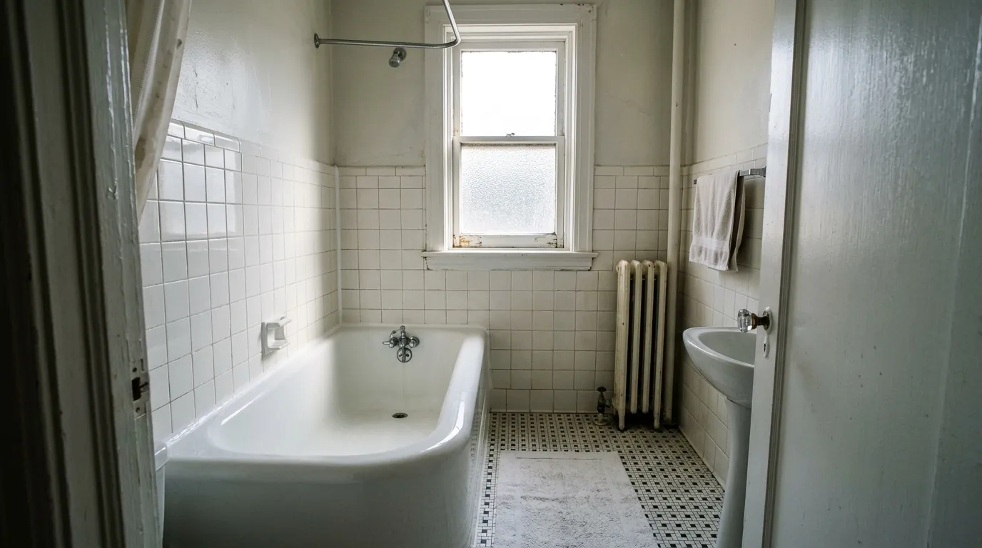 Clean small bathroom with a white tub and fresh caulk