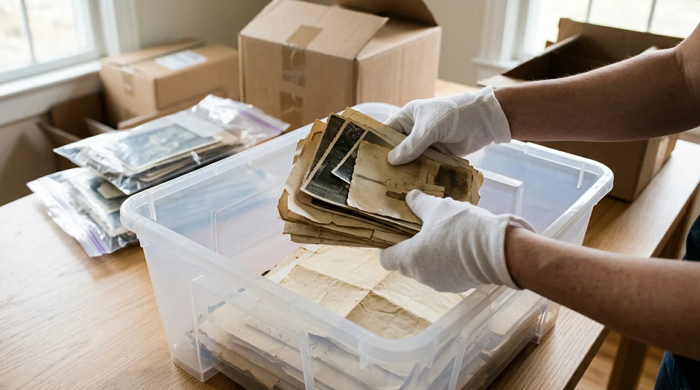 Gloved hands setting family photos and papers into a storage bin