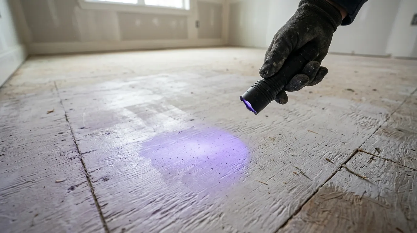 Gloved hand shining an ultraviolet light over primed subfloor boards
