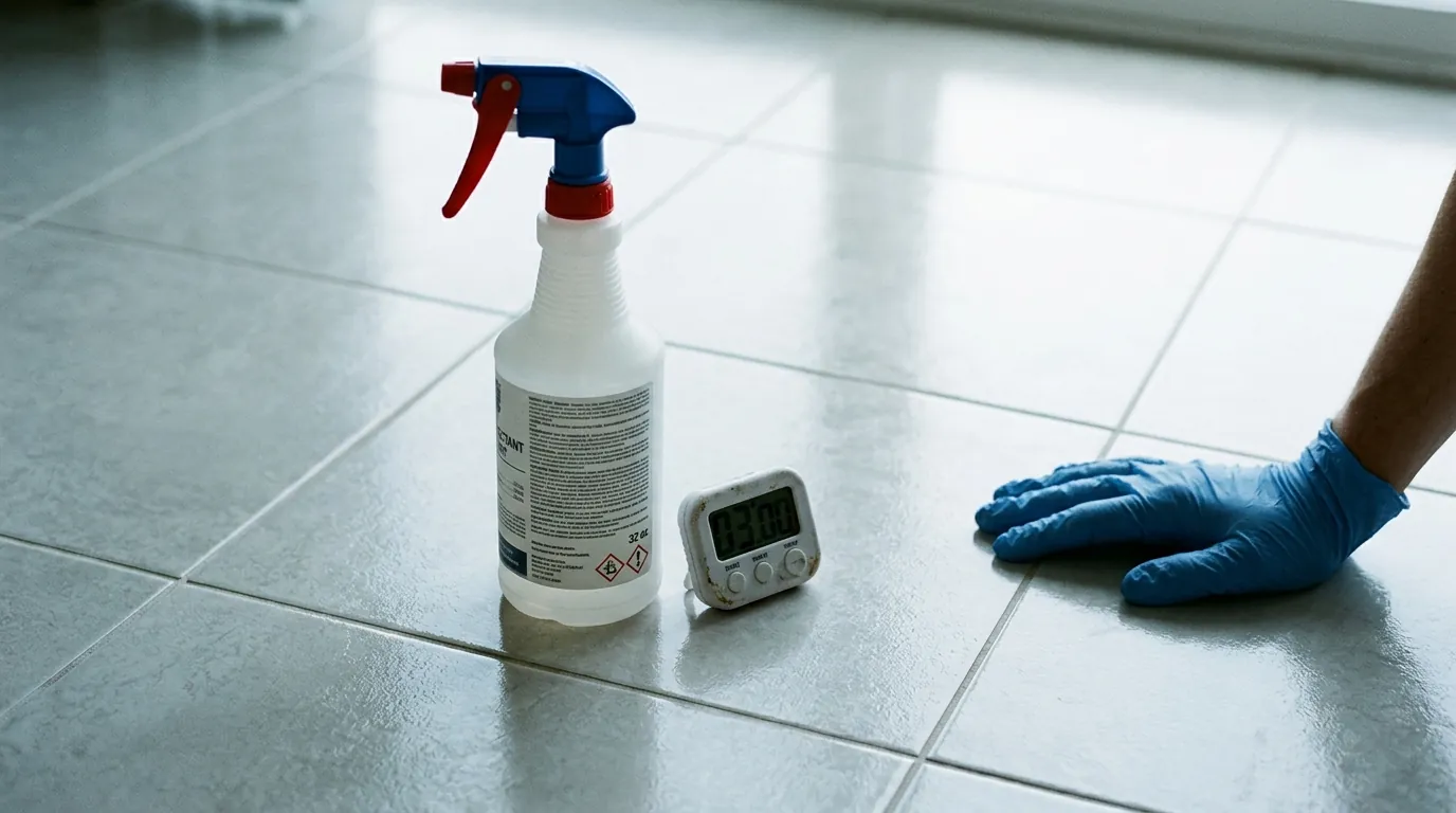 Disinfectant bottle and timer on a clean tile floor
